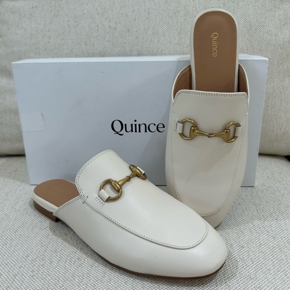 Quince Shoes - Quince Bone White Italian Leather Mules Classic Gold Horsebit Slides Size 7